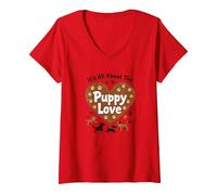 It's All About The Puppy Love - Adorable Amante de los Perros Camiseta Cuello V, Mujer, Rojo, M