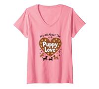 It's All About The Puppy Love - Adorable Amante de los Perros Camiseta Cuello V, Mujer, Rosado, M