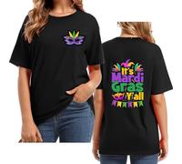 It's Mardi Yall - Conjunto de camiseta de manga corta para mujer con estampado de letras y cuello redondo, Negro , S