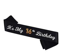 It's My 16th Birthday Sash - Banda negra con papel de aluminio - Banda de felicitación para cumpleaños número 16 - Accesorios de cumpleaños número 16 para niño y niña