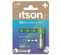 ITSON, Pilas Recargables AA, Pro, Paquete de 4, Pilas Recargables de Gran Potencia, precargadas, Capacidad mínima 2500 mAh, Embalaje con 95% de Materiales reciclados, Made in Japan