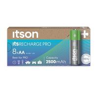 ITSON, Pilas Recargables AA, Pro, Paquete de 8, baterías Recargables de Gran Potencia, precargadas, Capacidad mínima: 2500 mAh, Embalaje con 95% de Materiales reciclados, Made in Japan