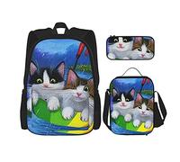 IUBBKI Cute cat in the rain Mochila escolar de tres piezas para niñas y adolescentes (combinación de mochila escolar + caja de lápices + bolsa de almuerzo)