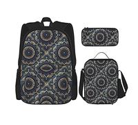 IUBBKI Elegante mochila con diseño de galaxia azul y Mandala dorada, juego de bolsas de libros escolares para estudiantes, 3 piezas con fiambrera, estuche de lápices para niños y niñas