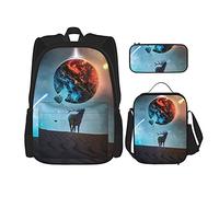 IUBBKI Elk under the beautiful Mars Earth Mochila escolar de tres piezas para niñas y adolescentes (combinación de mochila escolar + caja de lápices + bolsa de almuerzo)