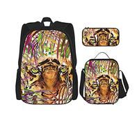 IUBBKI Hide the tiger in the flowers Mochila escolar de tres piezas para niñas y adolescentes (combinación de mochila escolar + caja de lápices + bolsa de almuerzo)
