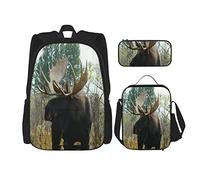 IUBBKI Juego de 3 piezas Mochilas Fall Moose Book Bag Travel Camping Work School Bag Estuche de lápices Combinación de bolsa de almuerzo para hombres Mujeres Niños Niñas Talla única