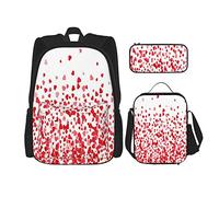 IUBBKI Juego de 3 piezas Mochilas Falling Red Heart Book Bag Travel Camping Work School Bag Estuche de lápices Combinación de bolsa de almuerzo para hombres Mujeres Niños Niñas Talla única
