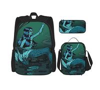 IUBBKI Juego de 3 piezas Mochilas Forest Mermaid Book Bag Travel Camping Work School Bag Estuche de lápices Combinación de bolsa de almuerzo para hombres Mujeres Niños Niñas Talla única