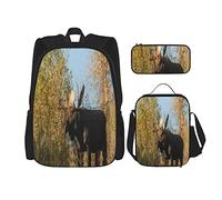 IUBBKI Juego de 3 piezas Mochilas Herbívoros Moose Book Bag Travel Camping Work School Bag Estuche de lápices Combinación de bolsa de almuerzo para hombres Mujeres Niños Niñas Talla única