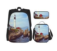 IUBBKI Juego de 3 piezas Mochilas Lighthouse Art Book Bag Travel Camping Work School Bag Estuche de lápices Combinación de bolsa de almuerzo para hombres Mujeres Niños Niñas Talla única