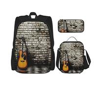IUBBKI Juego de 3 piezas Mochilas Rock Music Guitar Book Bag Travel Camping Work School Bag Estuche de lápices Combinación de bolsa de almuerzo para hombres Mujeres Niños Niñas Talla única
