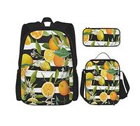IUBBKI Lemon leaf neroli flower fruit Mochila escolar de tres piezas para niñas y adolescentes (mochila escolar + caja de lápices + combinación de bolsa de almuerzo)
