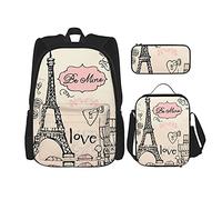 IUBBKI Love in paris Mochila escolar de tres piezas para niñas y adolescentes (combinación de mochila escolar + caja de lápices + bolsa de almuerzo)