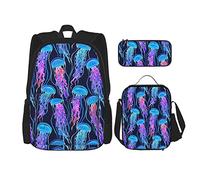 IUBBKI Medusas arcoíris luminiscentes en azul marino para niños y niñas, mochila, conjunto de 3 piezas, mochila escolar, fiambrera, bolsa de lápices