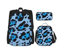 IUBBKI Mochila de leopardo azul y rosa para niños y niñas, conjunto de 3 piezas, mochila escolar, fiambrera, bolsa de lápices