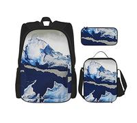 IUBBKI Mochila de mármol azul y blanco para niños y niñas, conjunto de 3 piezas, mochila escolar, fiambrera, bolsa de lápices