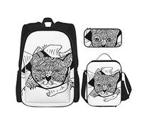 IUBBKI Mochila escolar de tres piezas 3D Mandala Cat para niñas y adolescentes (combinación de mochila escolar + caja de lápices + bolsa de almuerzo)