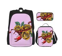 IUBBKI Mochila escolar de tres piezas Golden Rose Scorpion para niñas y adolescentes (combinación de mochila escolar + caja de lápices + bolsa de almuerzo)