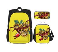 IUBBKI Mochila escolar de tres piezas Golden Rose Scorpion para niñas y adolescentes (combinación de mochila escolar + caja de lápices + bolsa de almuerzo)