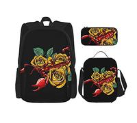 IUBBKI Mochila escolar de tres piezas Golden Rose Scorpion para niñas y adolescentes (combinación de mochila escolar + caja de lápices + bolsa de almuerzo)