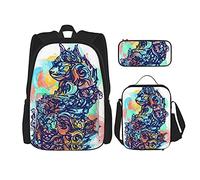 IUBBKI Mochila escolar de tres piezas Magic cat color para niñas y adolescentes (combinación de mochila escolar + caja de lápices + bolsa de almuerzo)