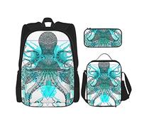 IUBBKI Mochila escolar de tres piezas Mandala Triangle Octopus para niñas y adolescentes (combinación de mochila escolar + caja de lápices + bolsa de almuerzo)