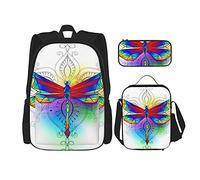 IUBBKI Mochila escolar de tres piezas Metal Rainbow Dragonfly para niñas y adolescentes (combinación de mochila escolar + caja de lápices + bolsa de almuerzo)
