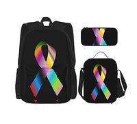 IUBBKI Mochila escolar de tres piezas Rainbow Breast Cancer Ribbon para niñas y adolescentes (combinación de mochila escolar + caja de lápices + bolsa de almuerzo)