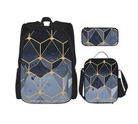 IUBBKI Mochila hexagonal geométrica azul marino con diseño de mármol para niños y niñas, conjunto de 3 piezas, mochila escolar, fiambrera, bolsa de lápices