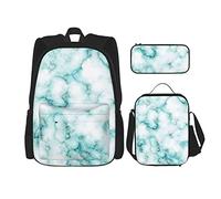 IUBBKI Mochila para niños y niñas con diseño de mármol azul, conjunto de 3 piezas, mochila escolar, fiambrera, bolsa para lápices