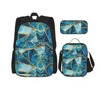 IUBBKI Mochila para niños y niñas con diseño geométrico de mármol azul marino turquesa, conjunto de 3 piezas, mochila escolar, fiambrera, bolsa para lápices