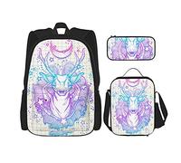 IUBBKI Neon moon phase tribal deer Mochila escolar de tres piezas para niñas y adolescentes (mochila escolar + caja de lápices + combinación de bolsa de almuerzo)