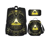 IUBBKI Pyramid ojo que todo lo ve Mochila escolar de tres piezas para niñas y adolescentes (combinación de mochila escolar + caja de lápices + bolsa de almuerzo)