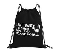 IUBBKI Solo quiero beber vino y perros de rescate mochila con cordón impermeable mochila deportiva con cordón bolsa de gimnasio