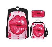 IUBBKI Sweet love kiss Mochila escolar de tres piezas para niñas y adolescentes (combinación de mochila escolar + caja de lápices + bolsa de almuerzo)