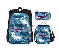 IUBBKI Tiburones de dibujos animados azules con Sealife Boys Girls Mochila Daypack Set 3 piezas School Bookbag Lunchbox Pencil Bag
