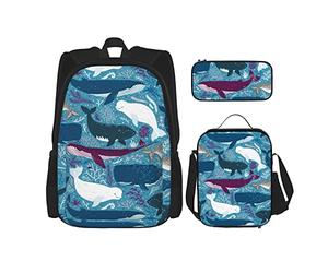 IUBBKI Tiburones de dibujos animados azules con Sealife Boys Girls Mochila Daypack Set 3 piezas School Bookbag Lunchbox Pencil Bag
