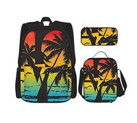 IUBBKI Tropical con hojas de palma LOVE Mochila escolar de tres piezas para niñas y adolescentes (combinación de mochila + caja de lápices + bolsa de almuerzo)