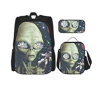 IUBBKI UFO astronauta alienígena Mochila escolar de tres piezas para niñas y adolescentes (mochila escolar + caja de lápices + combinación de bolsa de almuerzo)