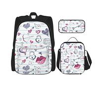 IUBBKI Valentine's Day Love Doodle Mochila escolar de tres piezas para niñas y adolescentes (combinación de mochila escolar + caja de lápices + bolsa de almuerzo)