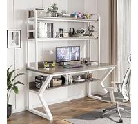 IUBGFTO con estantería, Escritorio de Estudio para PC, Escritorio de Oficina en casa, estación de Trabajo de Estudio para Adultos/Estudiantes (Marco Gris + Blanco de 31 Pulgadas)