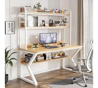 IUBGFTO con estantería, Escritorio de Estudio para PC, Escritorio de Oficina en casa, estación de Trabajo de Estudio para Adultos/Estudiantes (Marco de Nogal + Blanco de 31 Pulgadas)