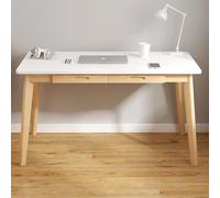 IUBGFTO Escritorio de Estudio Moderno con 2 cajones y Patas de Madera Maciza, Escritorio pequeño y Sencillo para Oficina en casa (Blanco, 39 Pulgadas)