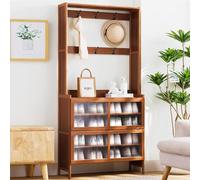 IUBGFTO Zapatero de Madera con Perchero para Entrada, Zapatero con Puerta abatible, Mueble de ratán de bambú con 6/8 Ganchos, Ahorra Espacio, para Armario, Pasillo, Dormitorio (B 70cm)