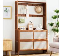 IUBGFTO Zapatero de Madera con Perchero para Entrada, Zapatero con Puerta abatible, Mueble de ratán de bambú con 6/8 Ganchos, Ahorra Espacio, para Armario, Pasillo, Dormitorio (A 100 cm)