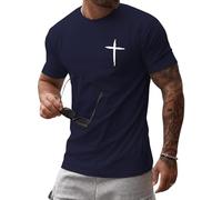 iudam Camisetas de algodón para hombre, cuello redondo, manga corta, camiseta con estampado de cruz de Jesús, informal, ajustada, camiseta de verano, camiseta con fe en Cristo, azul marino, L