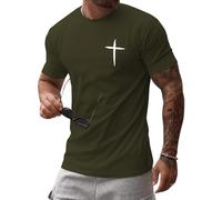 iudam Camisetas de algodón para hombre, cuello redondo, manga corta, camiseta con estampado de cruz de Jesús, informal, ajustada, camiseta de verano, camiseta con fe en Cristo, Verde militar, XL