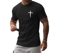 iudam Camisetas de algodón para hombre, cuello redondo, manga corta, camiseta con estampado de cruz de Jesús, informal, ajustada, camiseta de verano, camiseta con fe en Cristo, Negro , L