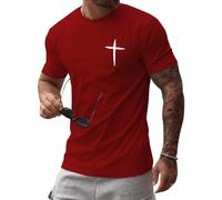 iudam Camisetas de algodón para hombre, cuello redondo, manga corta, camiseta con estampado de cruz de Jesús, informal, ajustada, camiseta de verano, camiseta con fe en Cristo, rojo, XL